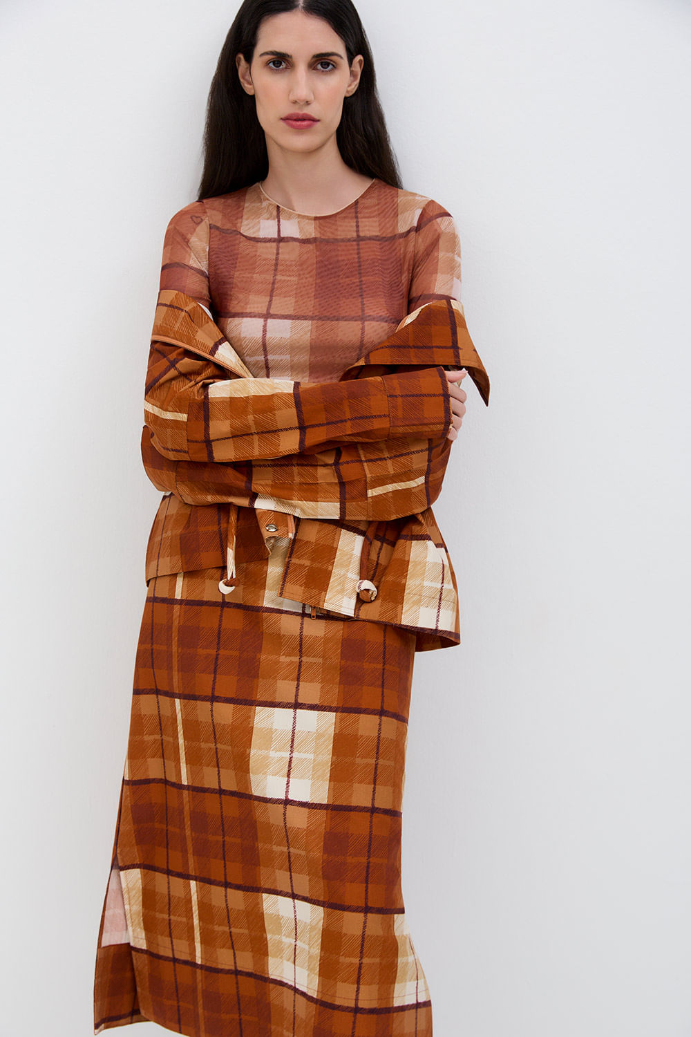 BLUSA TULE XADREZ CARAMELO